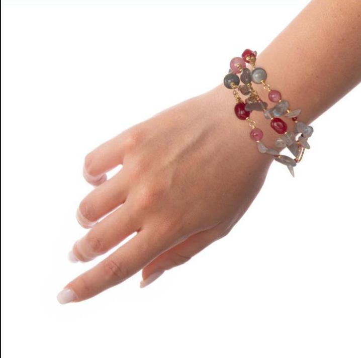 bracciale multifilo argento 925 labradorite quarzo rosa